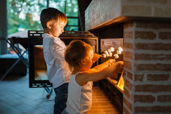 Little Kids Sütés Kolbászt Botok Kandalló Házuk Gyerekek Szakács Grillezett — Stock Fotó