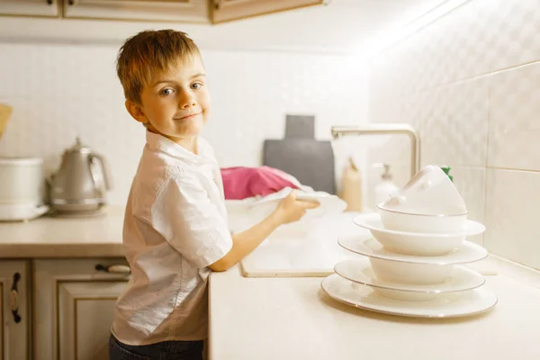 Little Boy Gloves Washing Dishes Kitchen Baby Doing Housework Home — Stock Photo, Image