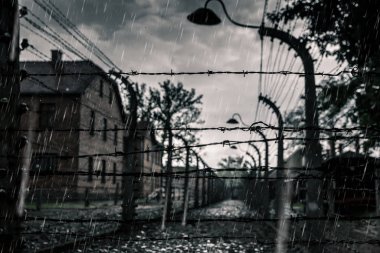 Barracks and barbed wire fence, German death camp Auschwitz II, Birkenau, Poland. Museum of victims of the nazi genocide of the Jewish people clipart