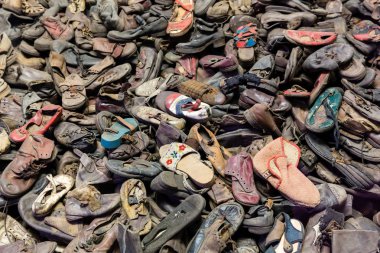 Shoes of victims, German concentration death camp Auschwitz II, Birkenau, Poland. Museum of prisonres of the nazi genocide of the Jewish people clipart
