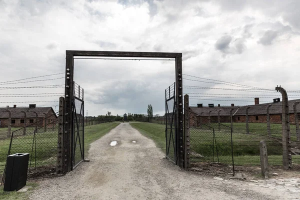 Bramy Ogrodzenia Drutu Kolczowego Niemiecki Obóz Koncentracyjny Auschwitz Polska Muzeum — Zdjęcie stockowe