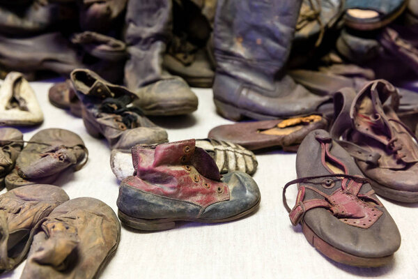 Children's shoes of victims, German concentration death camp Auschwitz II, Birkenau, Poland. Museum of prisonres of the nazi genocide of the Jewish people