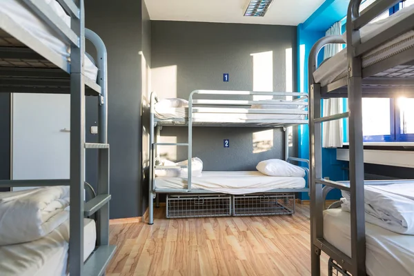 Hostel Interior Metal Bunk Beds Linen Nobody Empty Sleep Motel — Stock Photo, Image