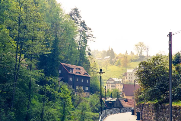 Tyskland Provinsiella Staden Berg Med Grön Skog Byggnader Gammal Europeisk — Stockfoto