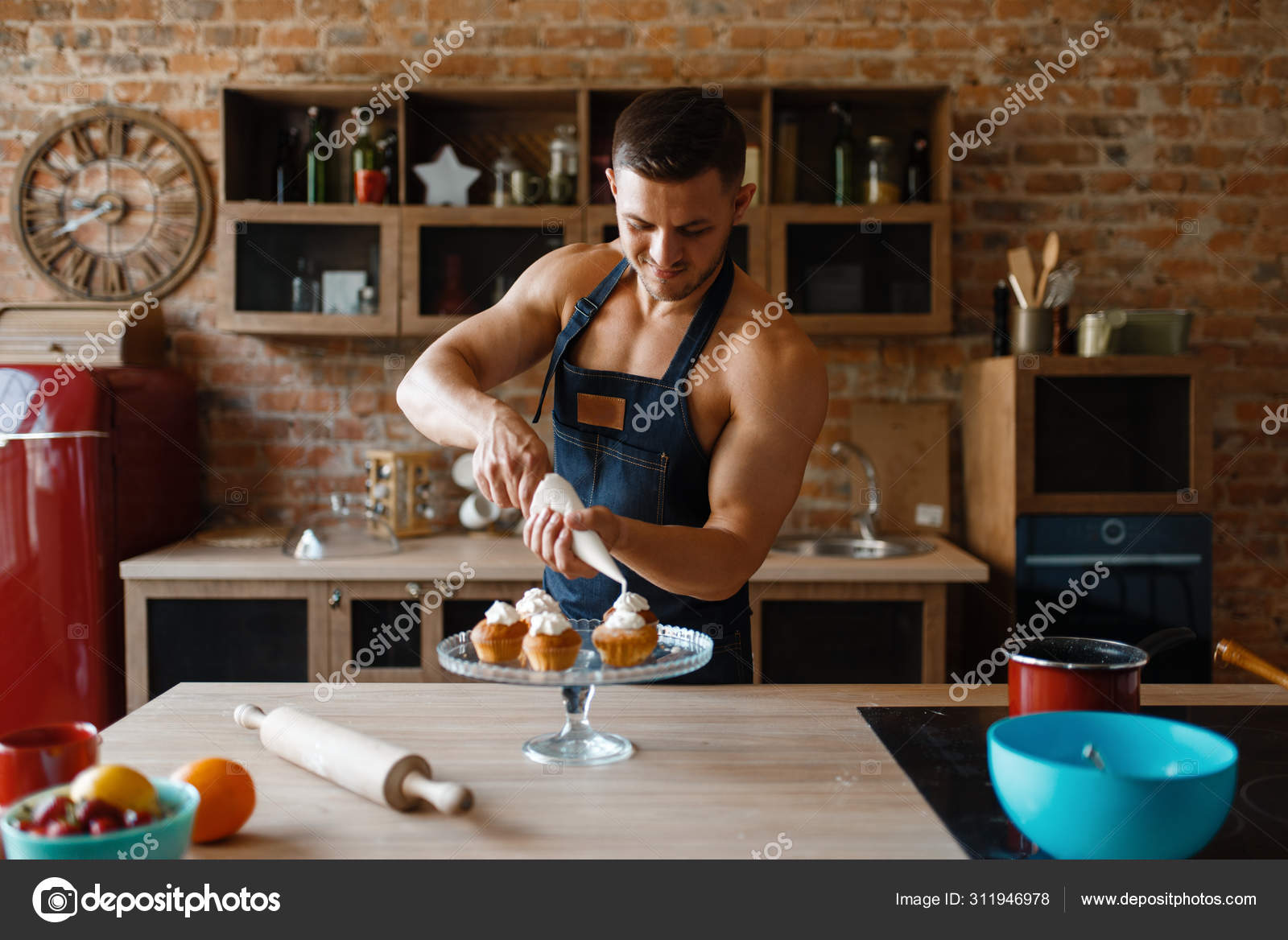 Nude Man Apron Cooking Dessert Kitchen Naked Male Person Preparing Stock Photo by ©Nomadsoul1