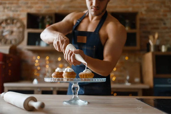 Naakt Man Schort Koken Dessert Keuken Naakte Man Die Thuis — Stockfoto