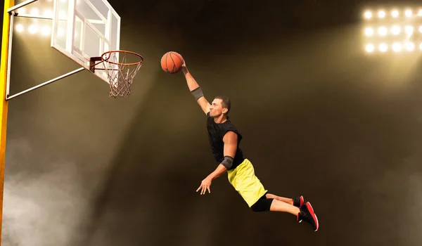 Basketball Player Makes Throw Shoot Action Dark Background Male Athlete — Stock Photo, Image