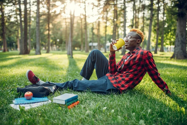 アフリカの学生は夏の公園で芝生の上でコーヒーを飲む — ストック写真