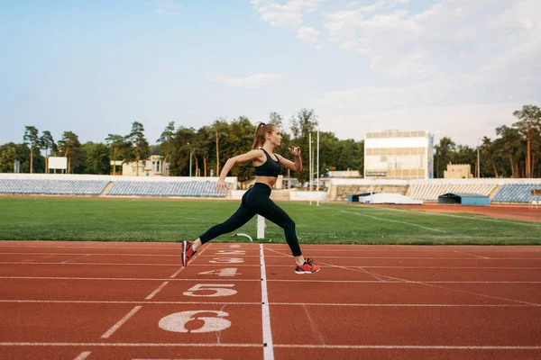 Female Runner Sportswear Crosses Finish Line Training Stadium Woman Doing — ストック写真