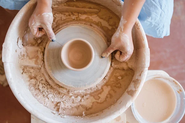 Female Master Making Pot Pottery Wheel Top View Woman Molding — Stock Photo, Image