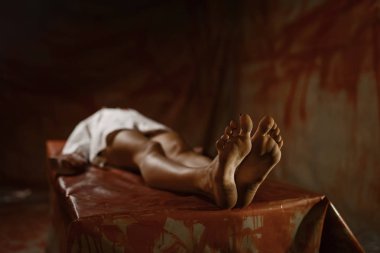 Ameliyat masasında yatan genç bir kadın cesedi psikiyatrist kanı kasabı, akıl hastanesinin bodrumu. Akıl hastaları için klinikteki doktor manyağın kurbanı.