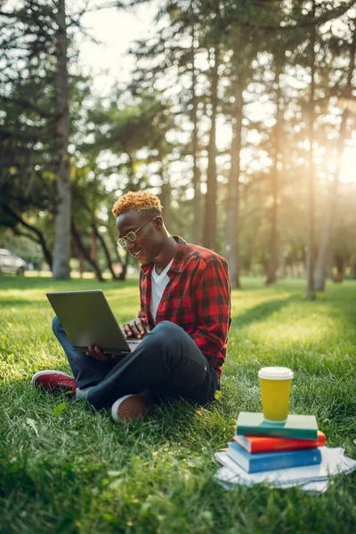 Black student with laptop sitting on the grass in summer park. A teenager studying and leisures outdoors