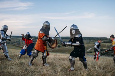 Medieval knights in armour and helmets fight with swords. Armored ancient warriors  posing in the field clipart