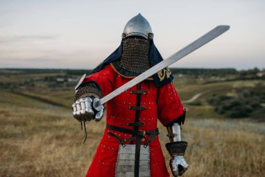 Medieval knight in metal helmet holds sword, great battle. Armored ancient warrior in armour posing in the field clipart