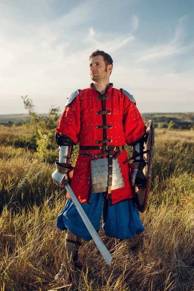 Mittelalterlicher Ritter Mit Schwert Posiert Rüstungen Gegenüber Der Burg Großes — Stockfoto