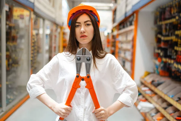 Female Customer Helmet Choosing Metal Wire Cutters Hardware Store Buyer — Stock Photo, Image