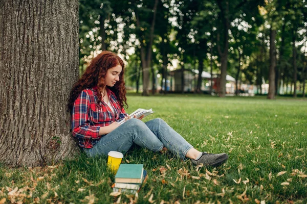 Yaz Parkında Çimler Üzerine Kitap Okuyan Bir Kız Öğrenci Kızıl — Stok fotoğraf