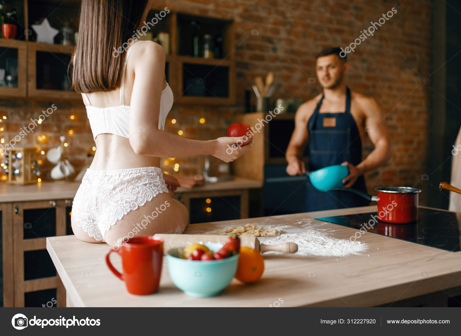 Sexy Couple Underwear Cooking Kitchen Naked Man Woman Preparing Breakfast Stock Photo By