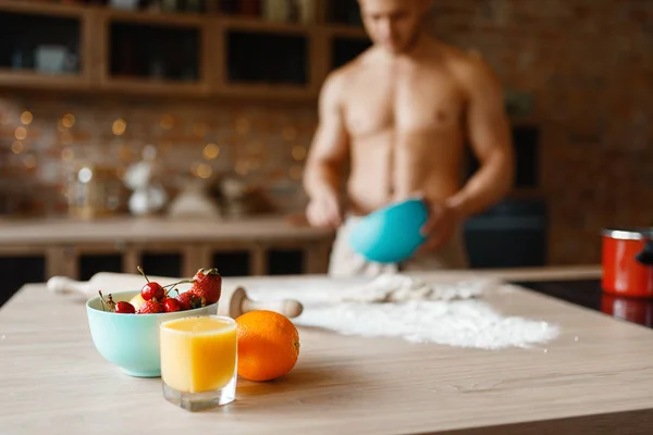 Nude Man Cooking Dessert Kitchen Naked Male Person Preparing Breakfast Stoc...