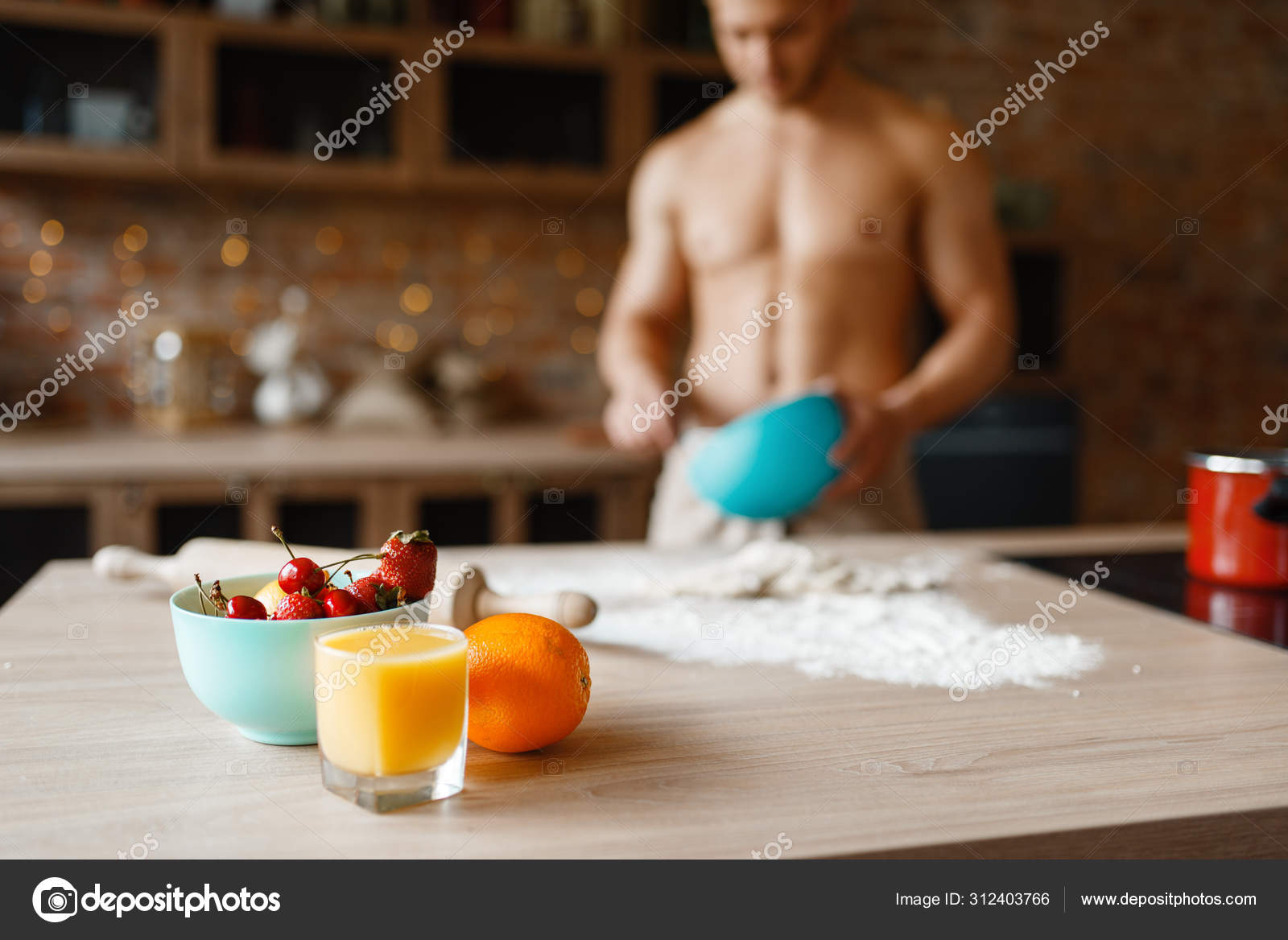 Nude Man Cooking Dessert Kitchen Naked Male Person Preparing Breakfast Stock Photo by