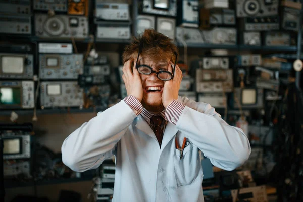 Strange Scientist Has Gone Mad His Laboratory Electrical Testing Tools — Stock Photo, Image