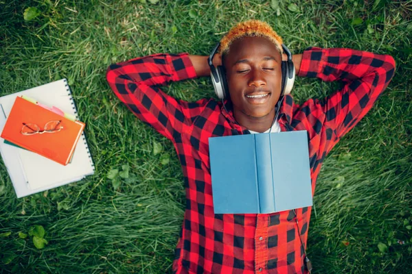夏の公園で草の上に休んでいるアフリカの学生 トップビュー — ストック写真