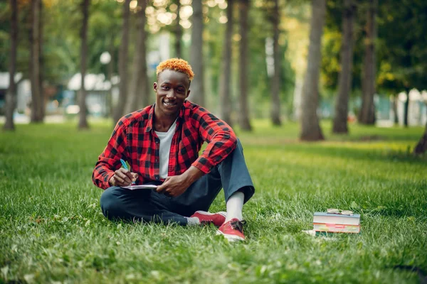 夏の公園で草の上にノートを書くガラスのアフリカの学生 — ストック写真