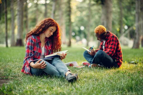 Estudantes Lendo Livro Grama Parque Verão Adolescentes Sexo Masculino Feminino — Fotografia de Stock