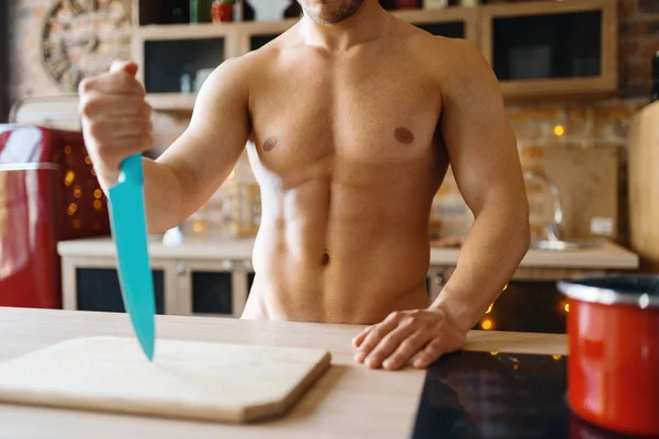 Man Met Naakt Lichaam Aan Het Koken Keuken Naakt Man — Stockfoto