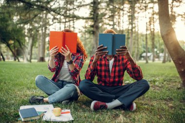 Çimlerin üzerinde oturan öğrenciler yüzlerini kitaplarla, yaz parkıyla örterler. Erkek ve dişi gençler dışarıda çalışıyor ve öğle yemeği yiyorlar.