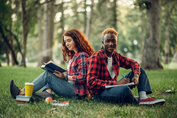 Alunos Com Livros Sentados Relva Costas Para Outro Parque Verão — Fotografia de Stock