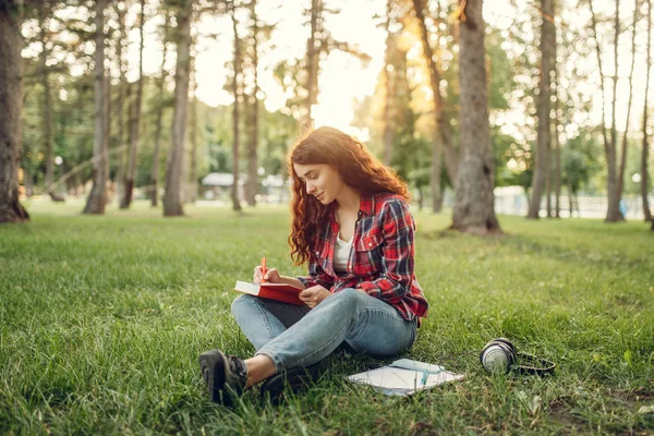 Női Diák Aki Jegyzetfüzetbe Füvön Nyári Parkban Ginger Tizenéves Tanul — Stock Fotó