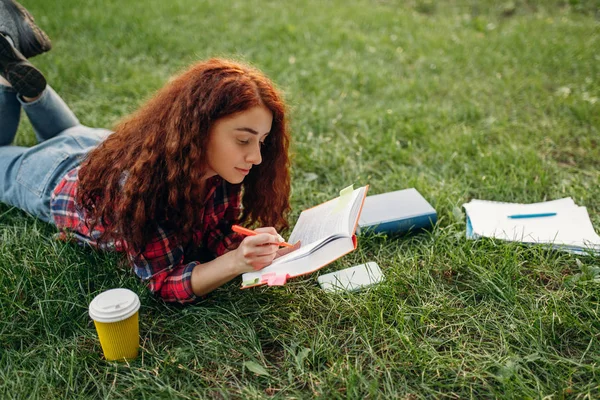 Female Student Preparing Exams Grass Summer Park Ginger Teenager Studying — 스톡 사진