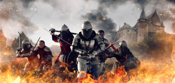 Средневековые рыцари в доспехах и шлемах с мечами и топорами на поле боя, великое сражение. Бронированные древние воины против замка
