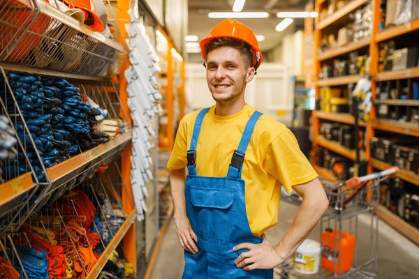 Man Bouwer Proberen Helm Plank Hardware Winkel Constructeur Uniform Kijken — Stockfoto