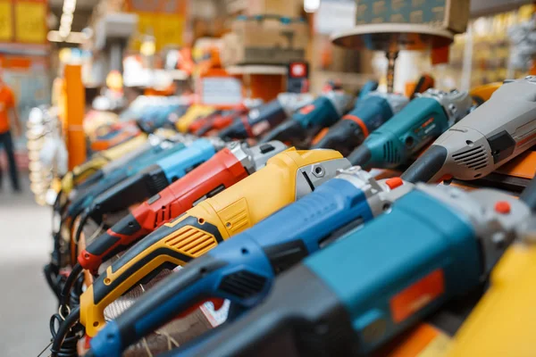 Hardware Store Assortment Shelf Angle Grinders Nobody Power Tools Choice — Stock Photo, Image