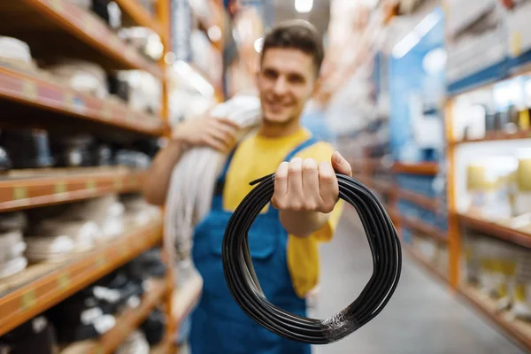 Male Builder Coil Wires Hardware Store Constructor Uniform Look Goods — Stock Photo, Image