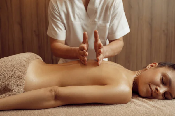 Male Masseur Pampering Back Young Woman Towel Professional Massage Massaging — Stock Photo, Image