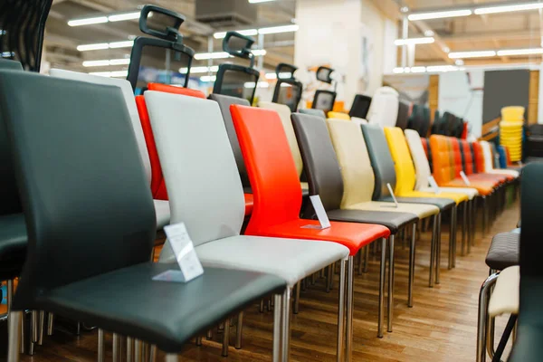 Rows Different Chairs Furniture Store Showroom Nobody Seats Samples Shop — Stock Photo, Image