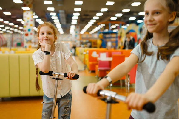 Little Girlfriends Rides Scooters Entertainment Center Female Children Leisures Holidays — Stock Photo, Image