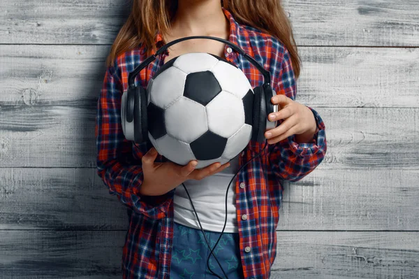 Little Girl Puts Headphones Ball Studio Children Gadgets Kid Isolated — Stock Photo, Image