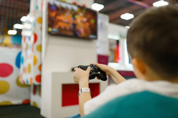 Boy Plays Game Console Entertainment Center Male Child Leisures Holidays — Stock Photo, Image