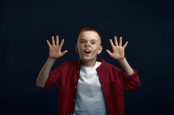 Little Boy Makes Face Leaning Glass Studio Happy Childhood Children — Stock Photo, Image