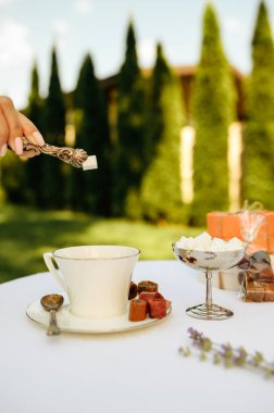 Masa düzenleme, çay partisi, kadın eli şekeri bardağa koyar, yan görüş. Beyaz masa örtüsü üzerine lüks gümüş çatal bıçak takımı, açık masa takımı. Yaz otlağında düğün kutlaması