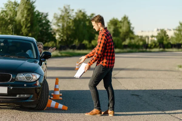Female Student Knocks Traffic Cone Lesson Driving School Man Teaching — Stock Photo, Image