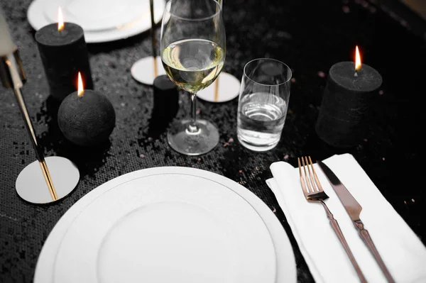 Table Setting Luxury Silverware Tableware Black Closeup Nobody Elegant Decoration — Stock Photo, Image