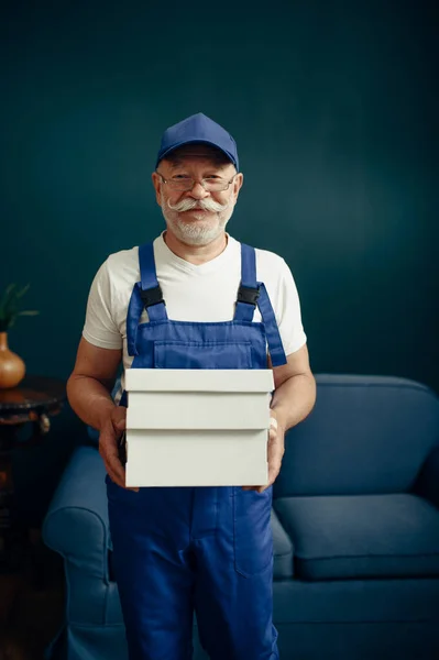 Elderly Cargo Man Uniform Poses Home Office Adult Delivery Worker — Stock Photo, Image