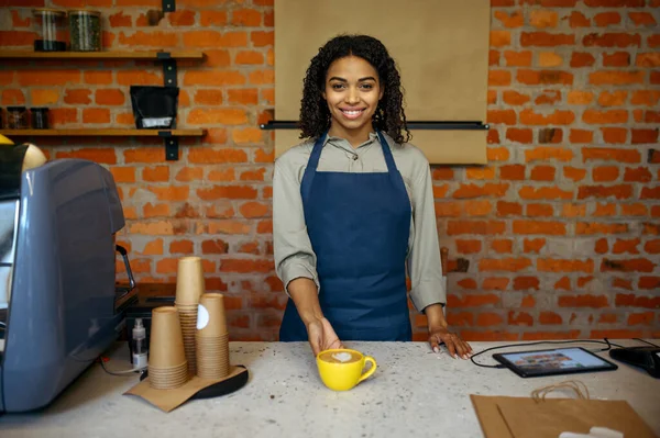 Vrouwelijke Barista Schort Bereidt Aroma Koffie Cafe Vrouw Maakt Verse — Stockfoto