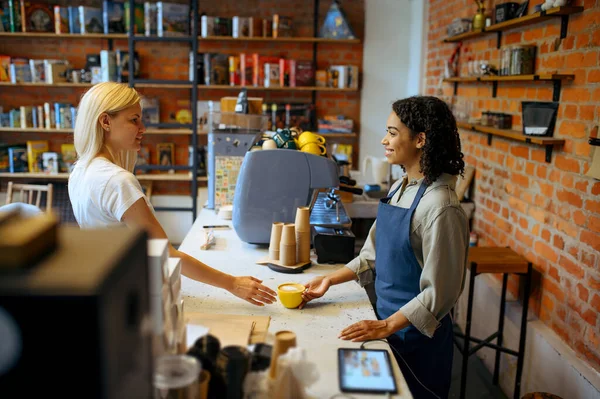 Female Barista Apron Gives Coffee Woman Cafe Girl Makes Fresh — Stock Photo, Image