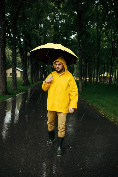Mann Mit Regenschirm Spaziert Sommerpark Bei Regentag Männliche Person Regencape — Stockfoto